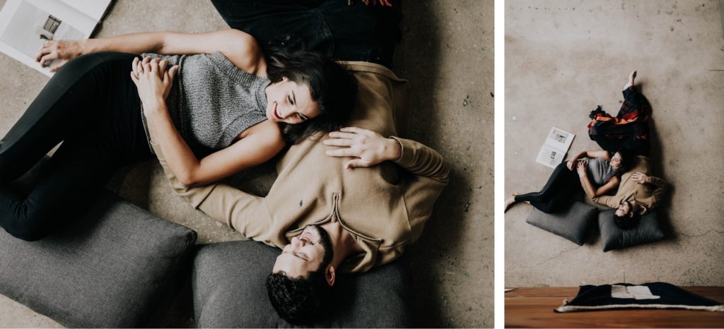 engaged couple laying down together and relaxing during their at-home engagement photos