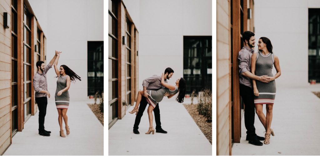 couple dancing together outside apartment during t heir at-home engagement