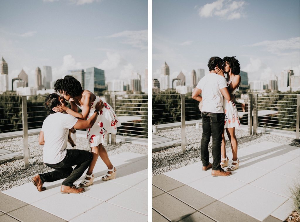 groom proposing to his girlfriend during their Georgia Tech rooftop proposal