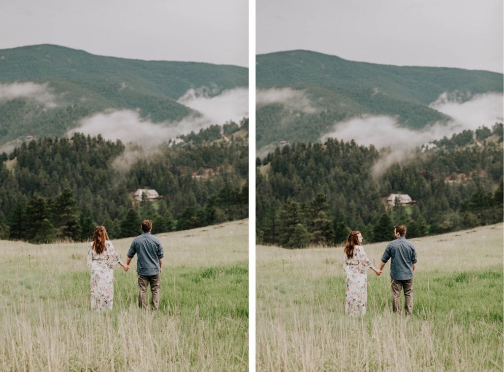 Boulder engagement photos taken on a foggy day with cloud inversions in the foothills