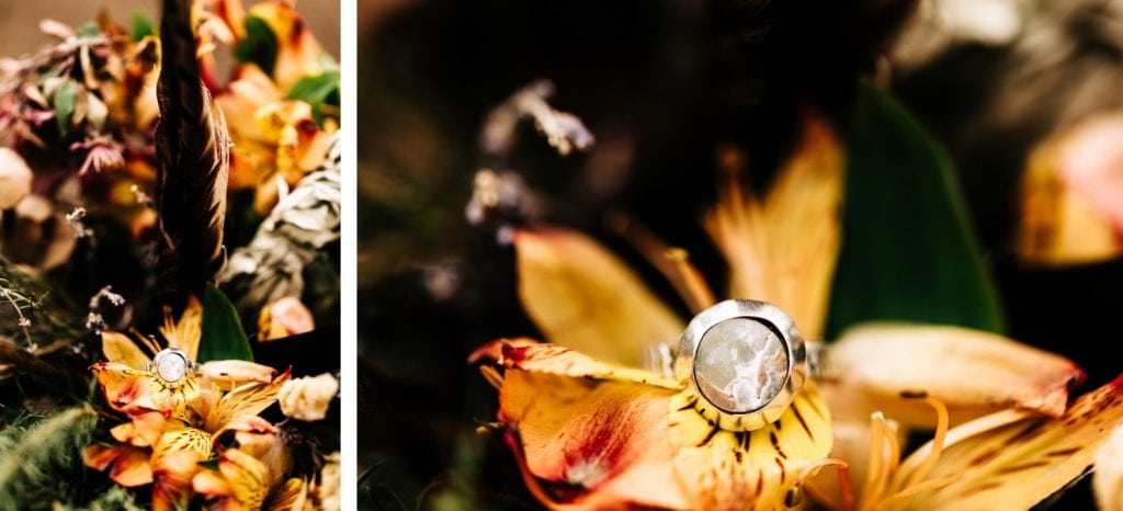 moonstone engagement ring in a bouquet for a camper van wedding elopement