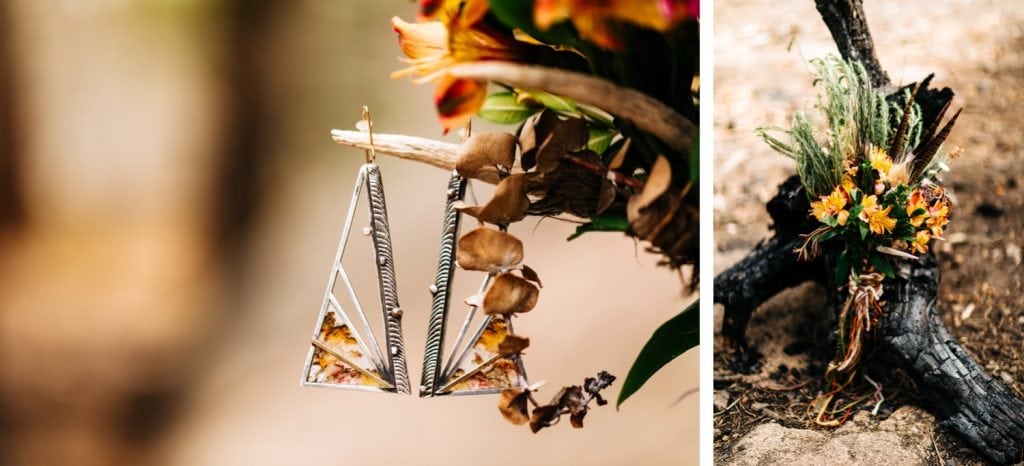 handmade boho earrings hanging off a bouquet for a Colorado van life wedding elopement