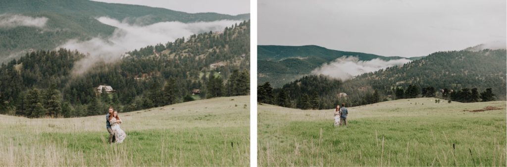 couple playing in a field together during their Boulder engagement photos in the foothills