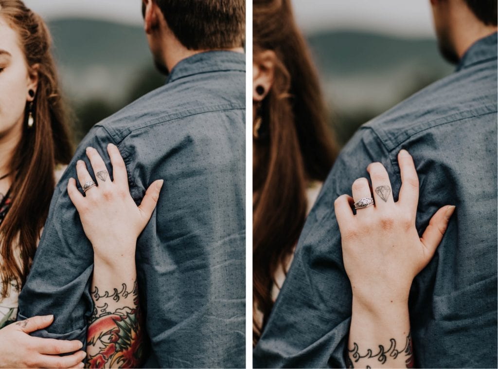 bride wrapping her hand around grooms arm to show off her engagement ring