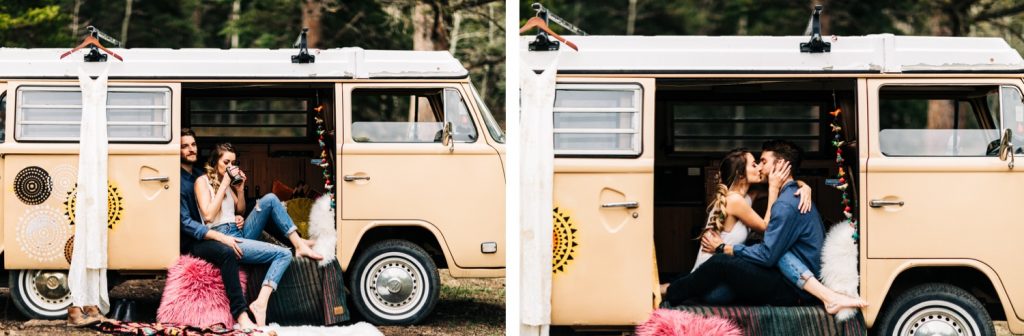 couple drinking coffee together in their camper van before their Rocky Mountain camper van wedding elopement