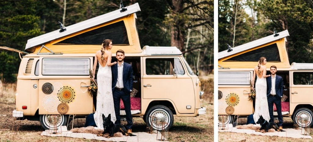 couple hanging out at their camper van before their Rocky Mountain camper van wedding elopement