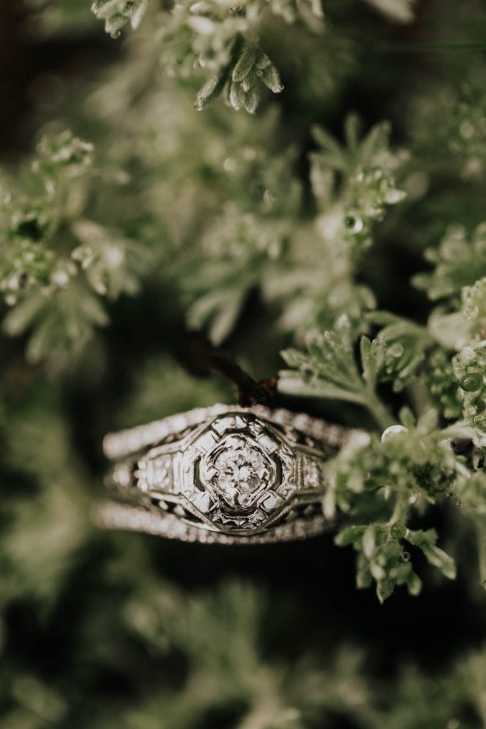 Brilliant Earth vintage engagement ring placed in a meadow