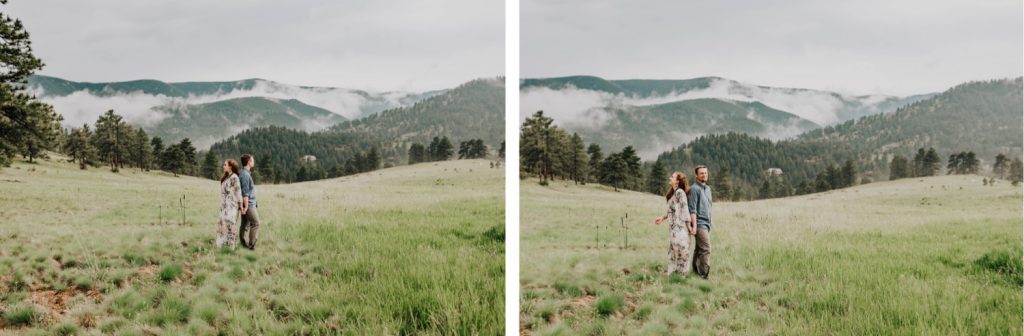 couple standing back to back during their Boulder engagement session