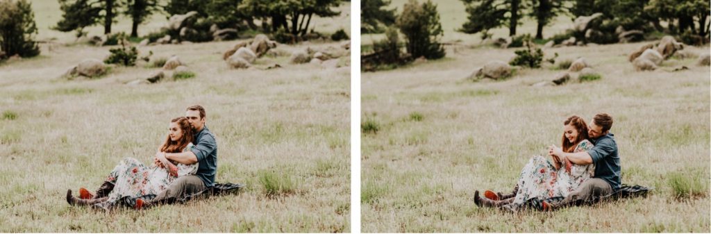 couple sitting together on the grass during their Boulder engagement photos