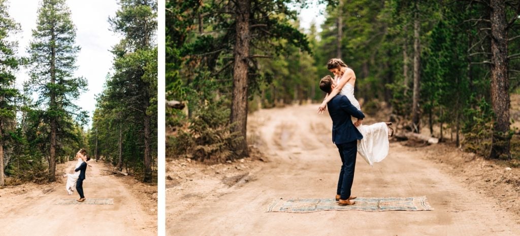 couple wandering down a dirt road during their camper van elopement wedding in the Colorado Rocky Mountains