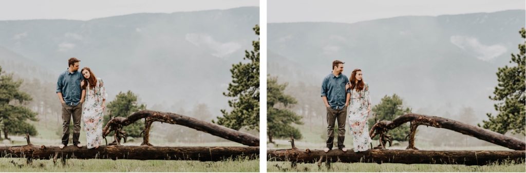 Boulder engagement photos taken on a fallen tree trunk in the mountains