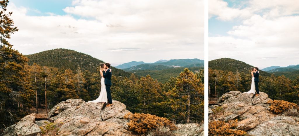 couple standing on a mountain cliff in the Rocky Mountains during their camper van elopement wedding