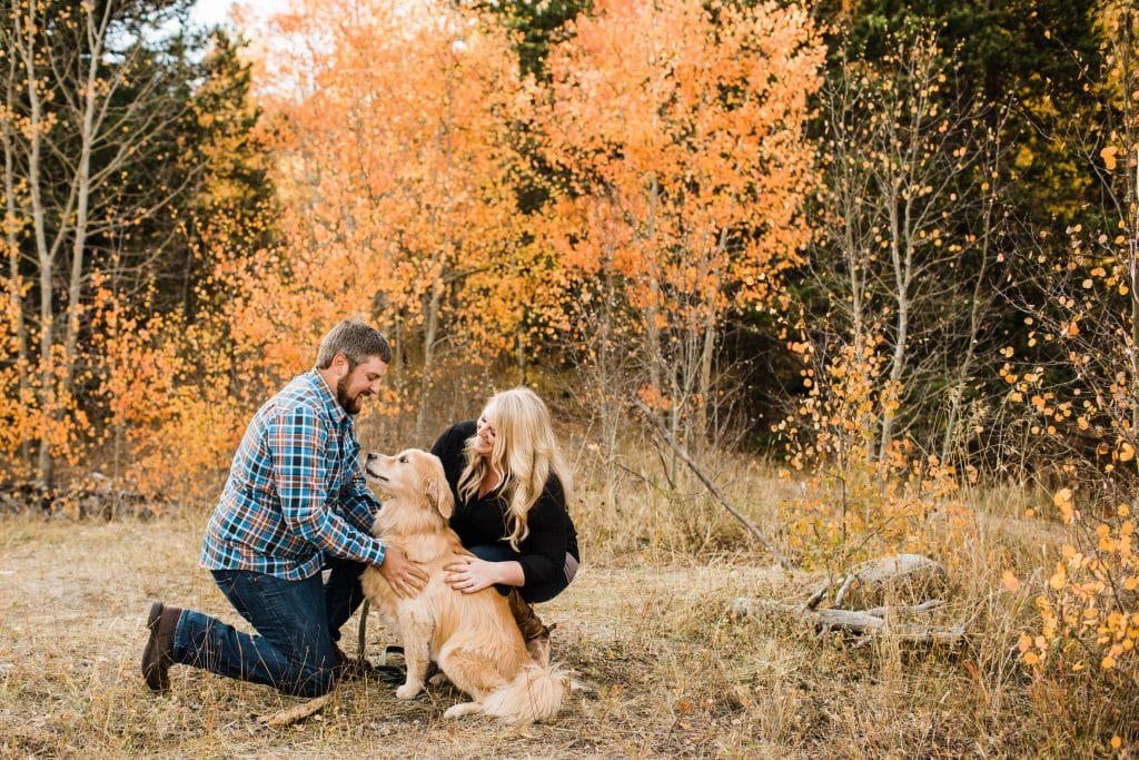 couple with their golden retriever during their adventurous outdoor engagement session