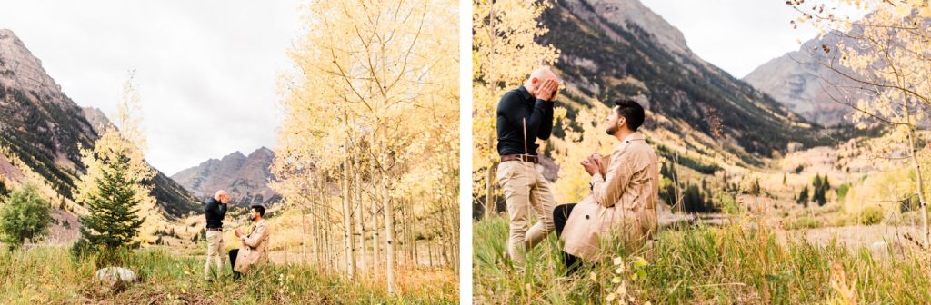 groom gets down on one knee to propose to his boyfriend at Maroon Bells in Aspen Colorado