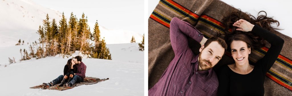 couple laying on a Pendleton Yakima blanket during their snowy Colorado engagement session
