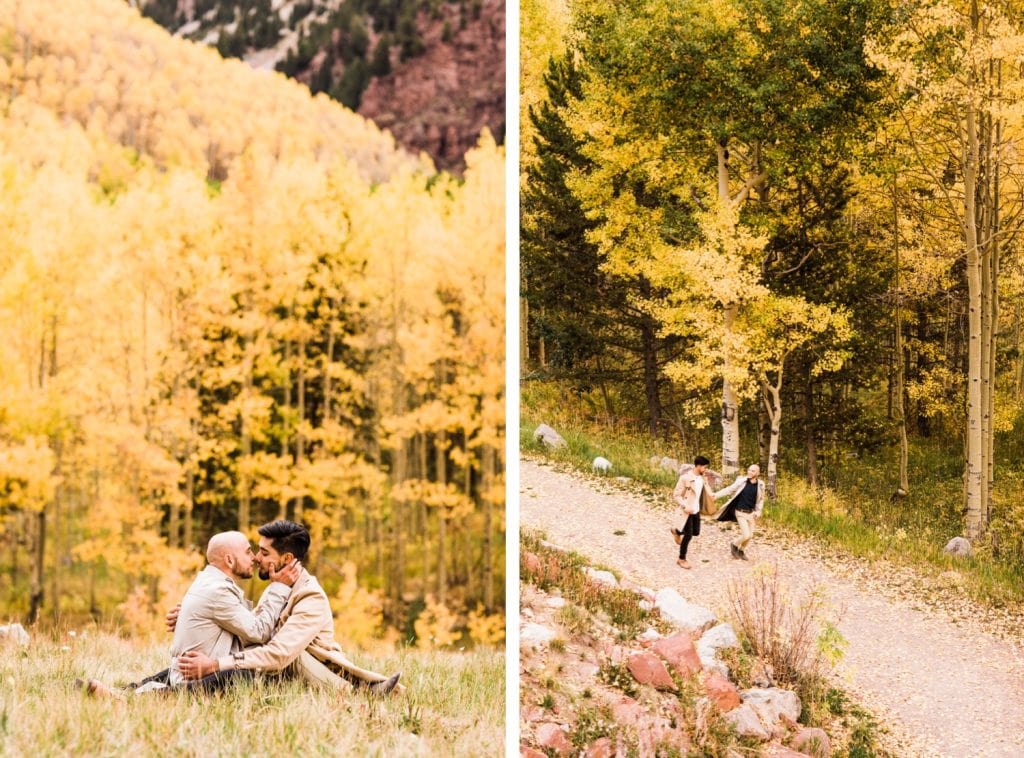 newly engaged same sex couple hiking through the mountains of Aspen Colorado after their Maroon Bells proposal