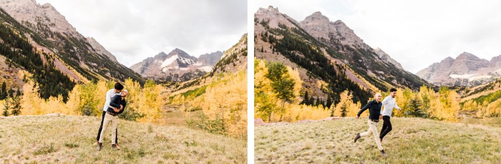 newly engaged same sex couple hiking through the mountains of Aspen Colorado after their Maroon Bells proposal