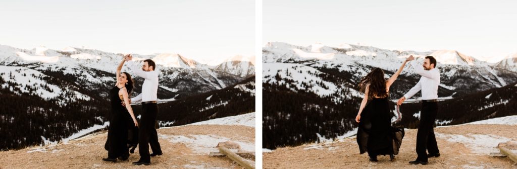 couple dancing in the snowy Rocky Mountains during their snowy Colorado engagement photos
