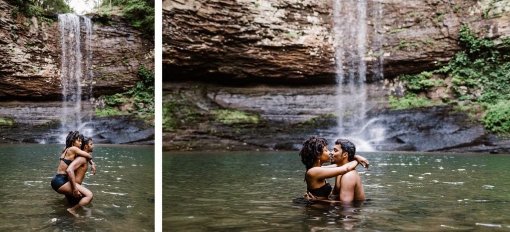 engaged couple kissing during their waterfall engagement photos