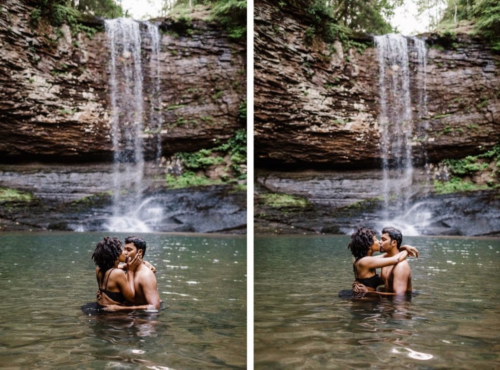 engaged couple kissing during their waterfall engagement session