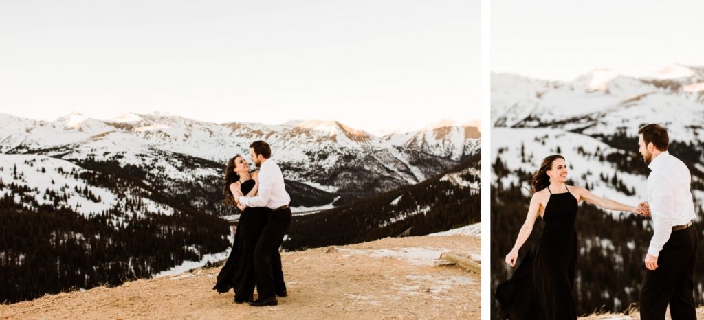 couple dancing in the snowy Rocky Mountains during their snowy Colorado engagement photos