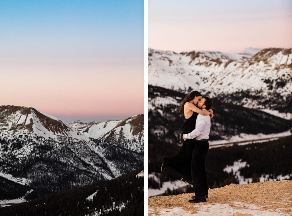groom lifting bride during their snowy Rocky Mountain Colorado winter engagement photos