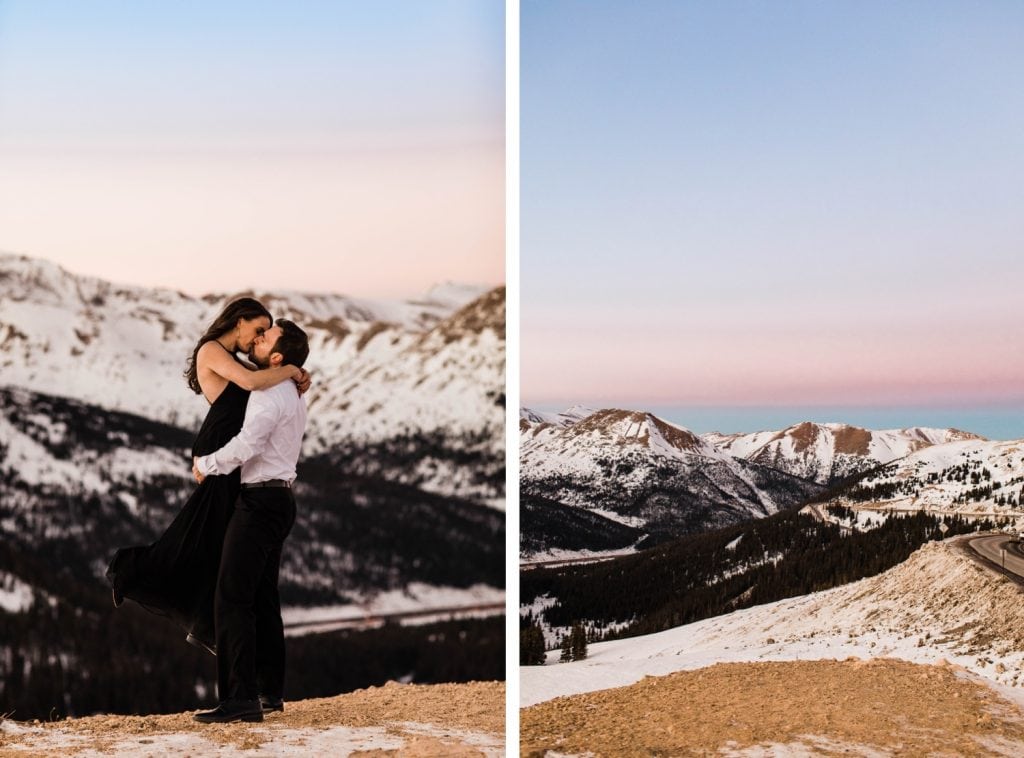 groom lifting bride during their snowy Rocky Mountain Colorado winter engagement photos