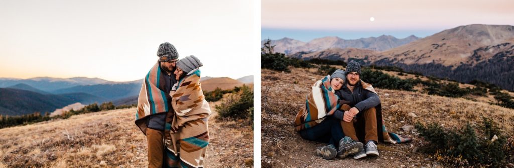 engaged couple curled up in a Pendleton blanket during their Colorado Rocky Mountain National Park engagement session | Rocky Mountain elopement photographers