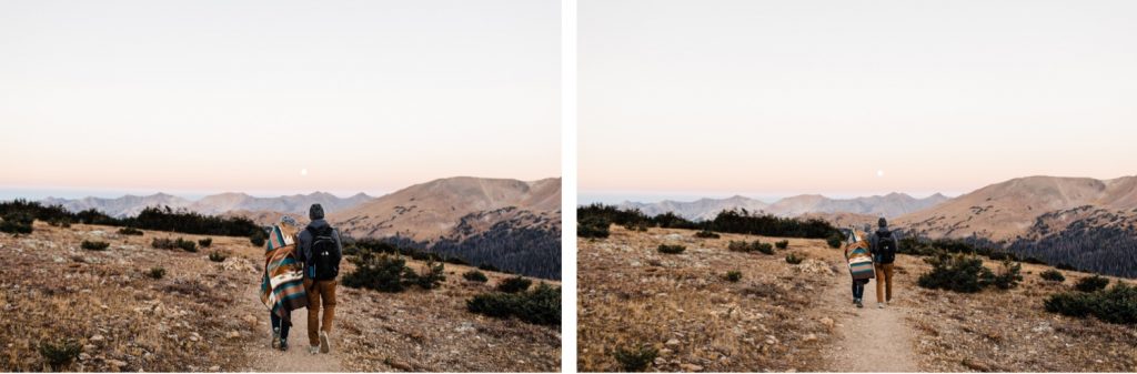 couple hiking at sunrise in the Colorado mountains for their Rocky Mountain National Park engagement photos