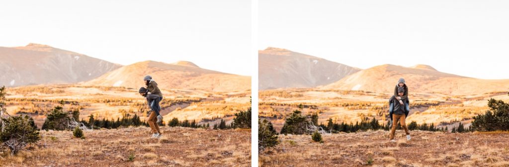 engaged couple adventuring through the Rocky Mountains during their national park engagement session in Colorado