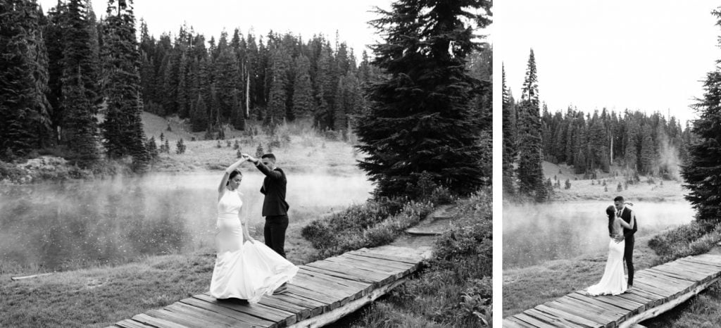 eloping couple dancing by an alpine lake during their Mt Rainier elopement | Washington state elopement