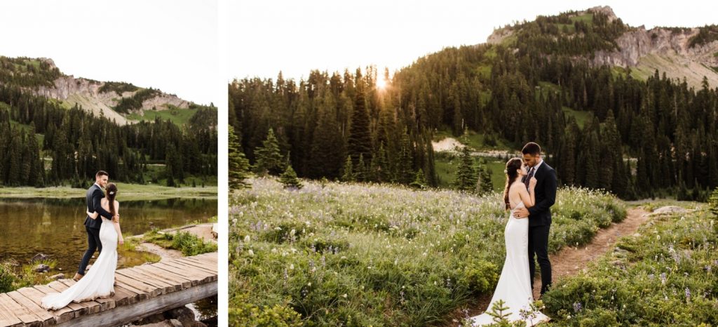 couple walking on a mountain bride together during their adventurous national park elopement in Mt Rainier | Washington state elopement and adventure wedding photographers