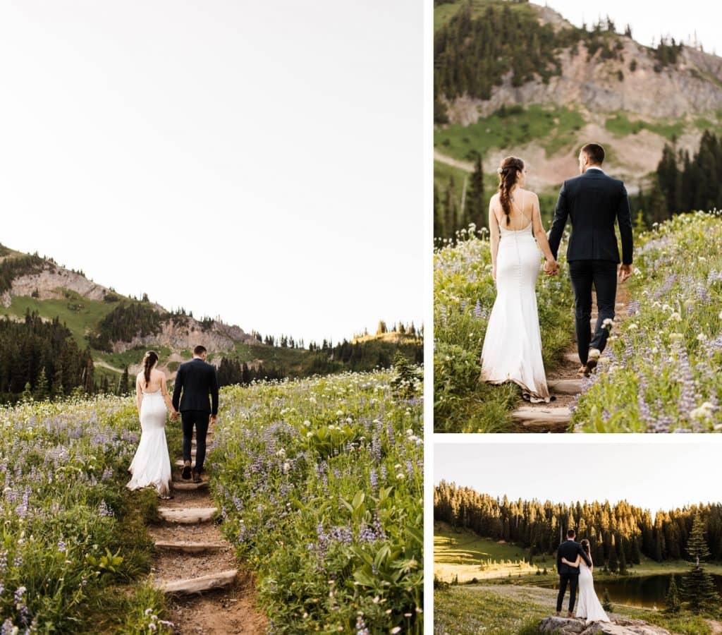 couple hiking during their Mt Rainier elopement | national park elopement photographers in Seattle Washington