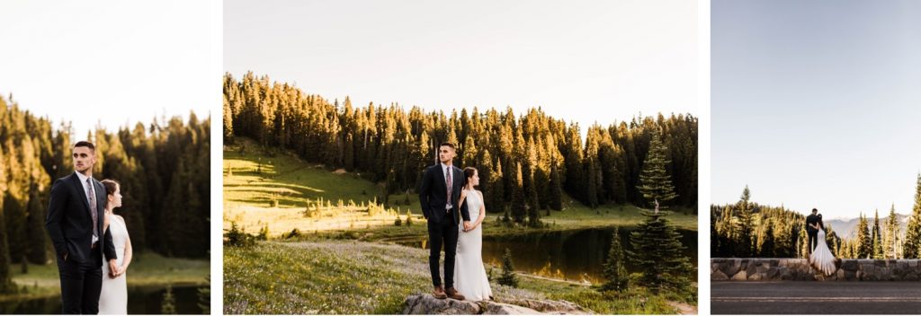 eloping couple watching the sun rise during their Mount Rainier National Park elopement | adventure wedding elopement photographers in Seattle Washington state