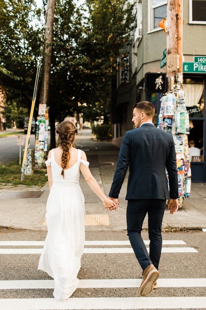 eloping couple wandering around Seattle and eating ice cream at Salt and Straw after their elopement | Seattle Washington elopement photographers