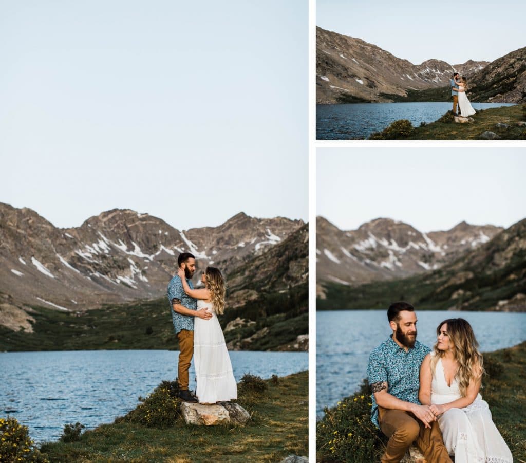 engaged couple kissing during their Breckenridge adventure engagement photos at an alpine lake | Breckenridge elopement and wedding photographers