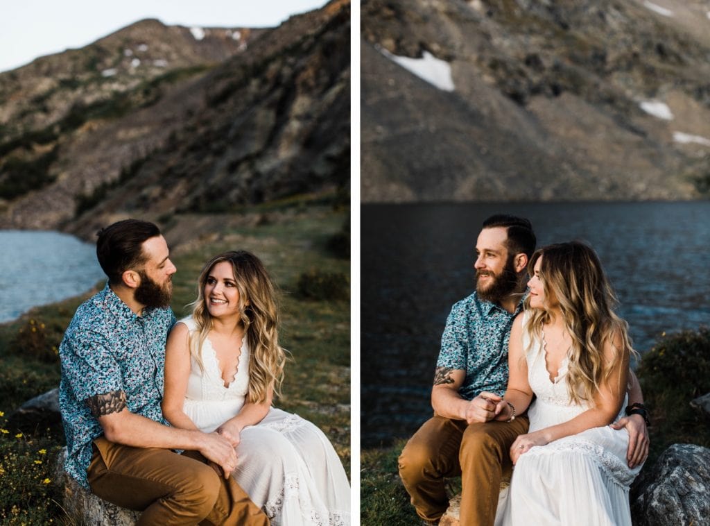 engaged couple hanging out during their Breckenridge adventure engagement photos at an alpine lake | Breckenridge elopement and wedding photographers