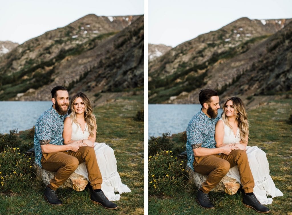 engaged couple hanging out during their Breckenridge adventure engagement photos at an alpine lake | Breckenridge elopement and wedding photographers
