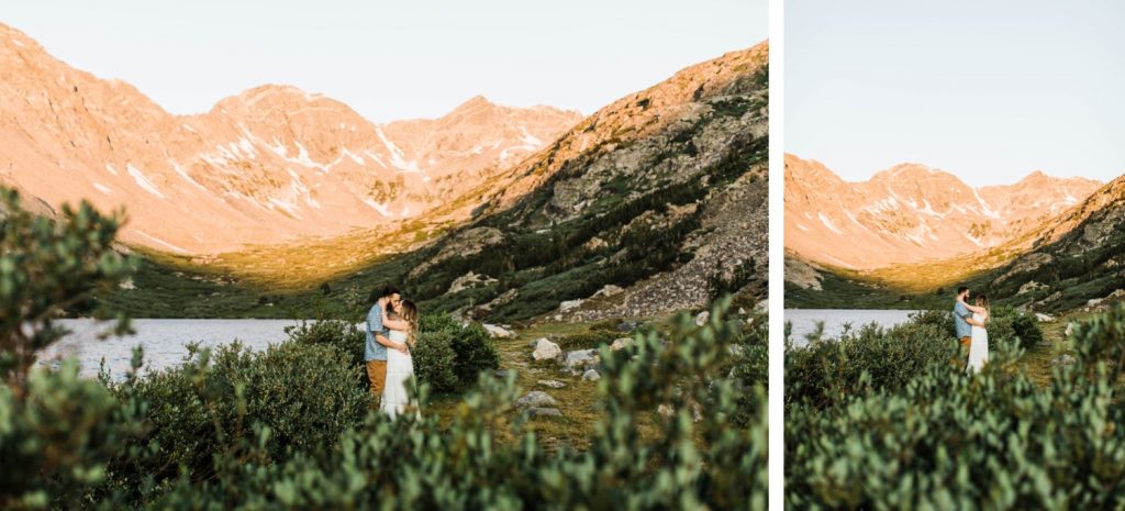 eloping couple slow dancing in the mountains during their adventurous engagement photos in Breckenridge | Colorado elopement and mountain wedding photographers