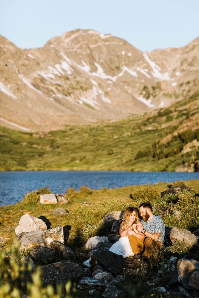 sunrise Breckenridge elopement style photos during an engaged couple's mountain adventure engagement photos | Breckenridge wedding photographers