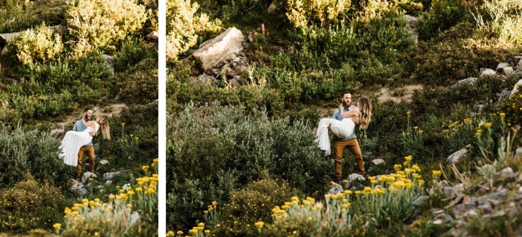 groom spinning bride in a mountain wildflower meadow during elopement style photos in Colorado | Breckenridge wedding and elopement photographers