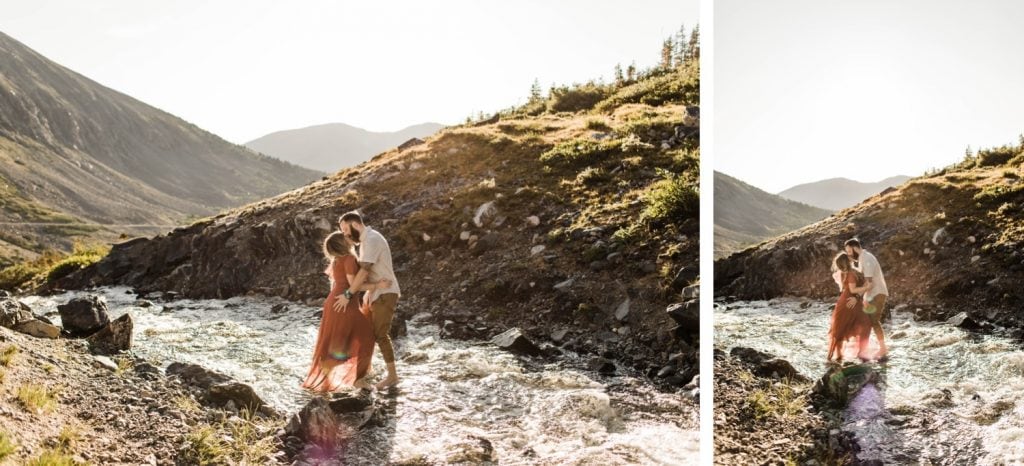 eloping couple kissing in the middle of a roaring creek in the Rocky Mountains of Colorado | Breckenridge adventure wedding photographers