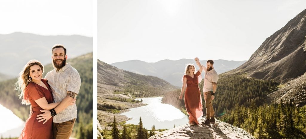 couple planning to elope in Breckenridge dancing at sunrise on top of a mountain | adventurous Breckenridge wedding photographers
