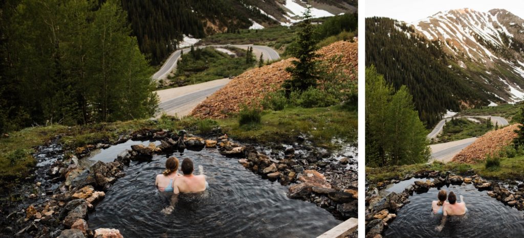 couple hanging out in a mountain hot spring during their Telluride engagement photos in the San Juan mountains of Colorado