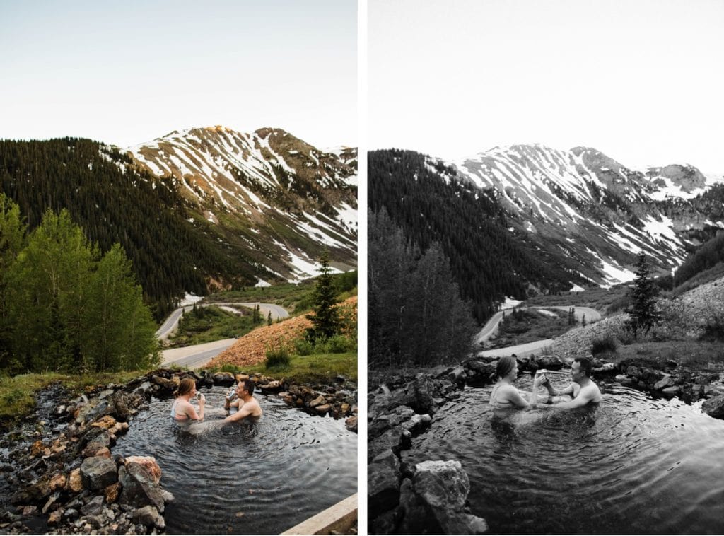 couple hanging out in a mountain hot spring during their Telluride engagement photos in the San Juan mountains of Colorado