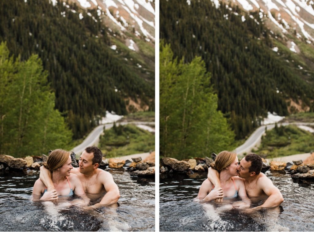 couple enjoying a secret hot spring in Telluride Colorado while they get their engagement photos taken