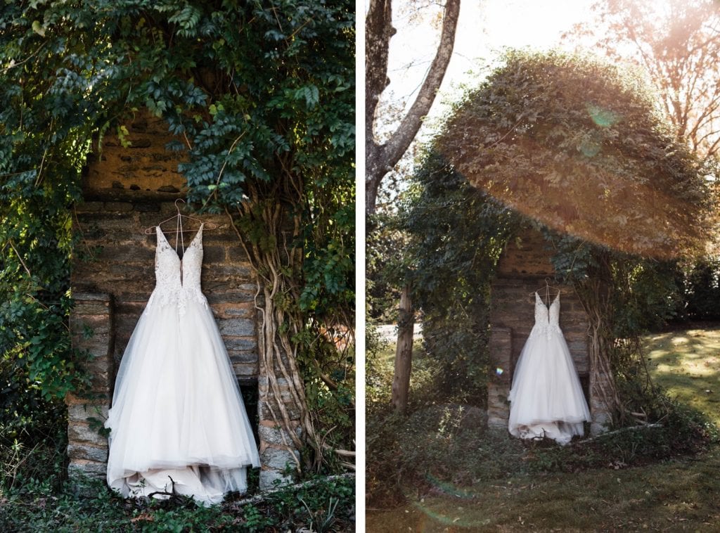 bride's wedding dress hanging up in Dunaway Gardens