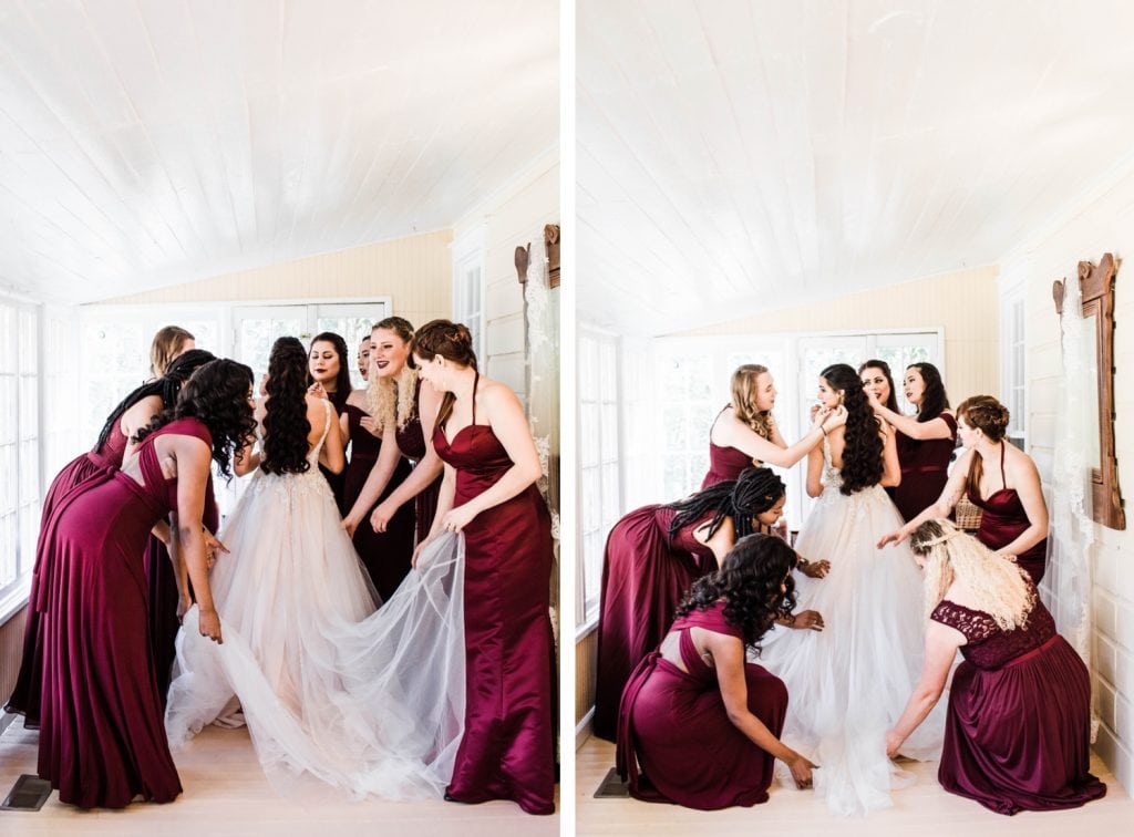 bridesmaids helping bride get ready in the cottage at Dunaway Gardens wedding venue