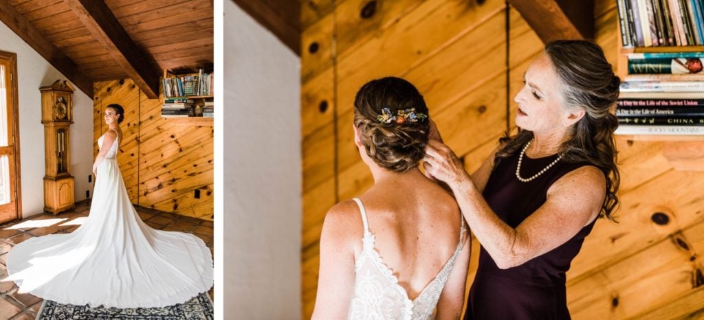 adventurous bride getting ready before her small Telluride wedding at a horse ranch in the San Juan Mountains