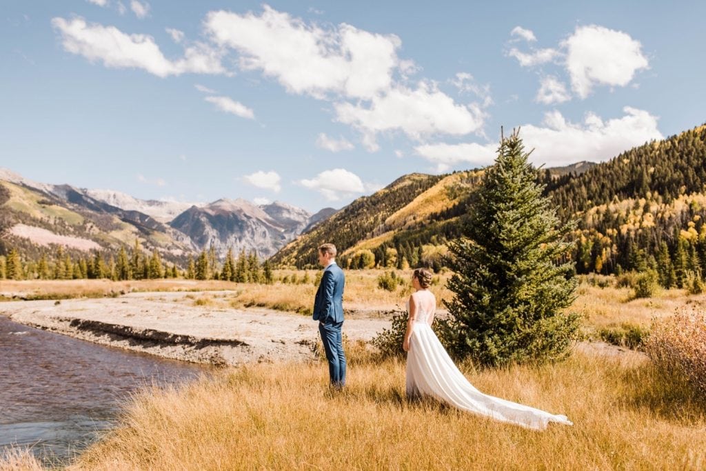 adventurous first look in the mountains of Telluride Colorado before a small Telluride wedding in Colorado